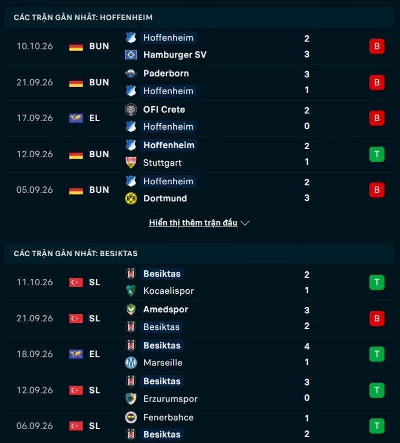 Phong độ hai đội trước trận Hoffenheim vs Besiktas